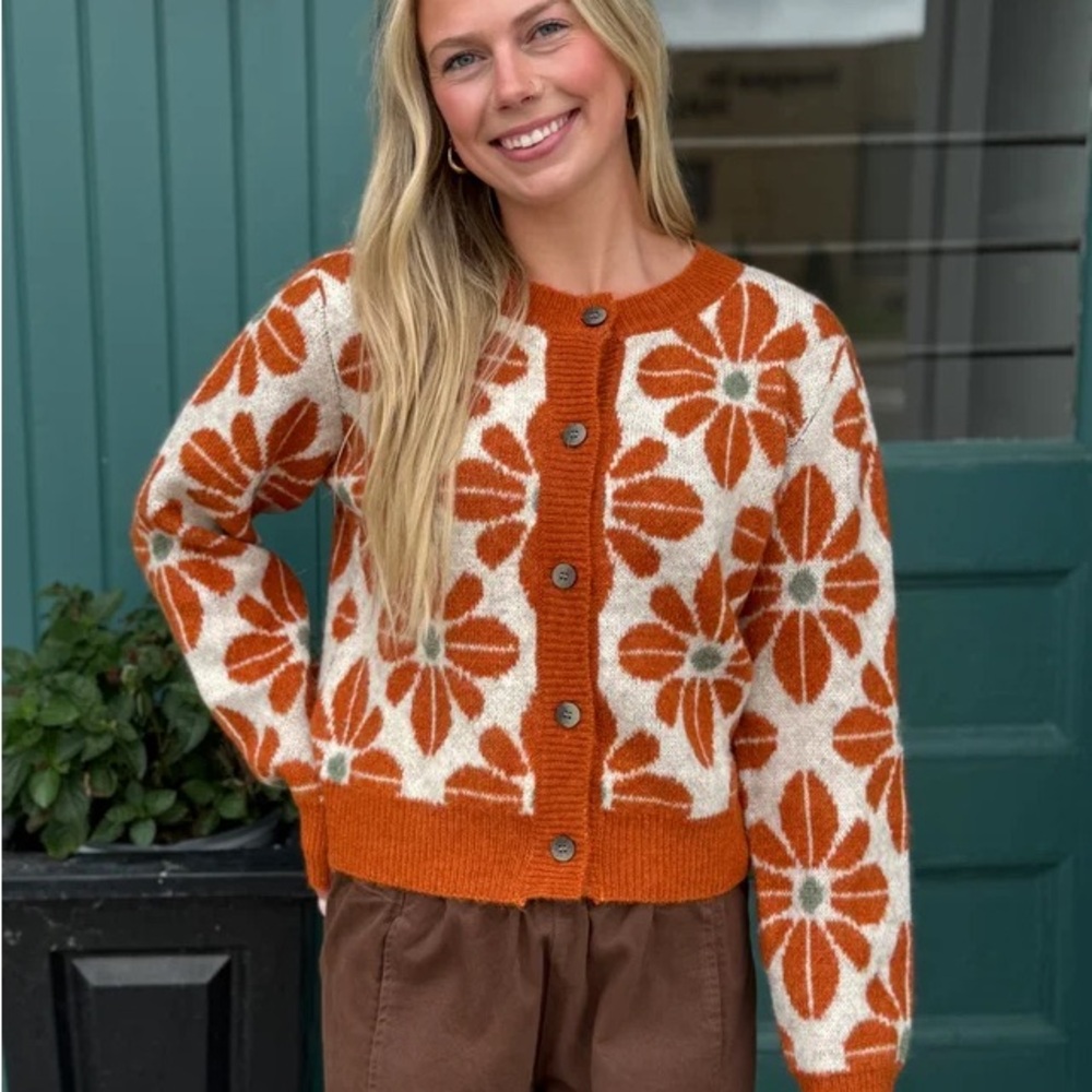 Floral Orange Cardigan Sweater